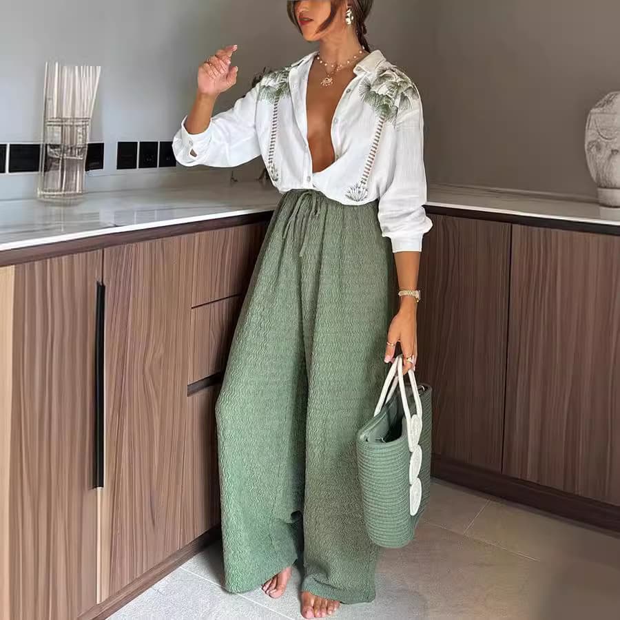Women's Clothing spring and autumn new printed long sleeved single breasted trousers suit