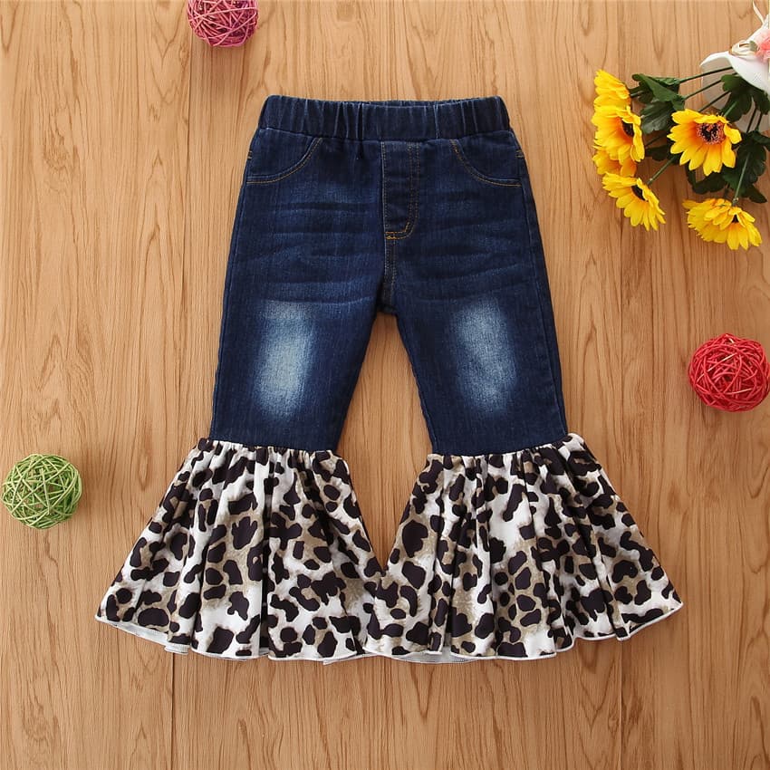 Children's Clothing Ins Summer Fashionable Girls Jeans Children's Blue Denim Splicing Leopard Print Flared Pants