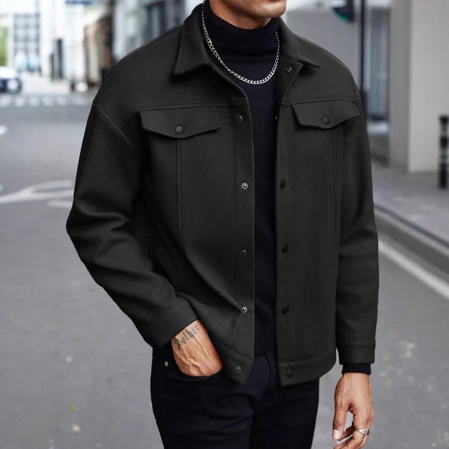 Men's Casual Jacket For Autumn Winter, Stylish Button-Up Coat With Multiple Pockets, Lightweight Polyester Blend, Loose Fit, Hooded