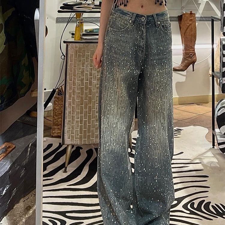 Women's Clothing High Street Heavy Duty Full Diamond Stitching Jeans For Women Summer Hot Girls Fashionable Shiny Mopping Pants