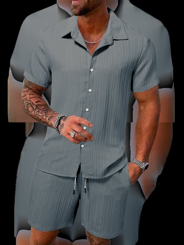 Chemise à revers rayée pour hommes, short, costume de sport décontracté à la mode