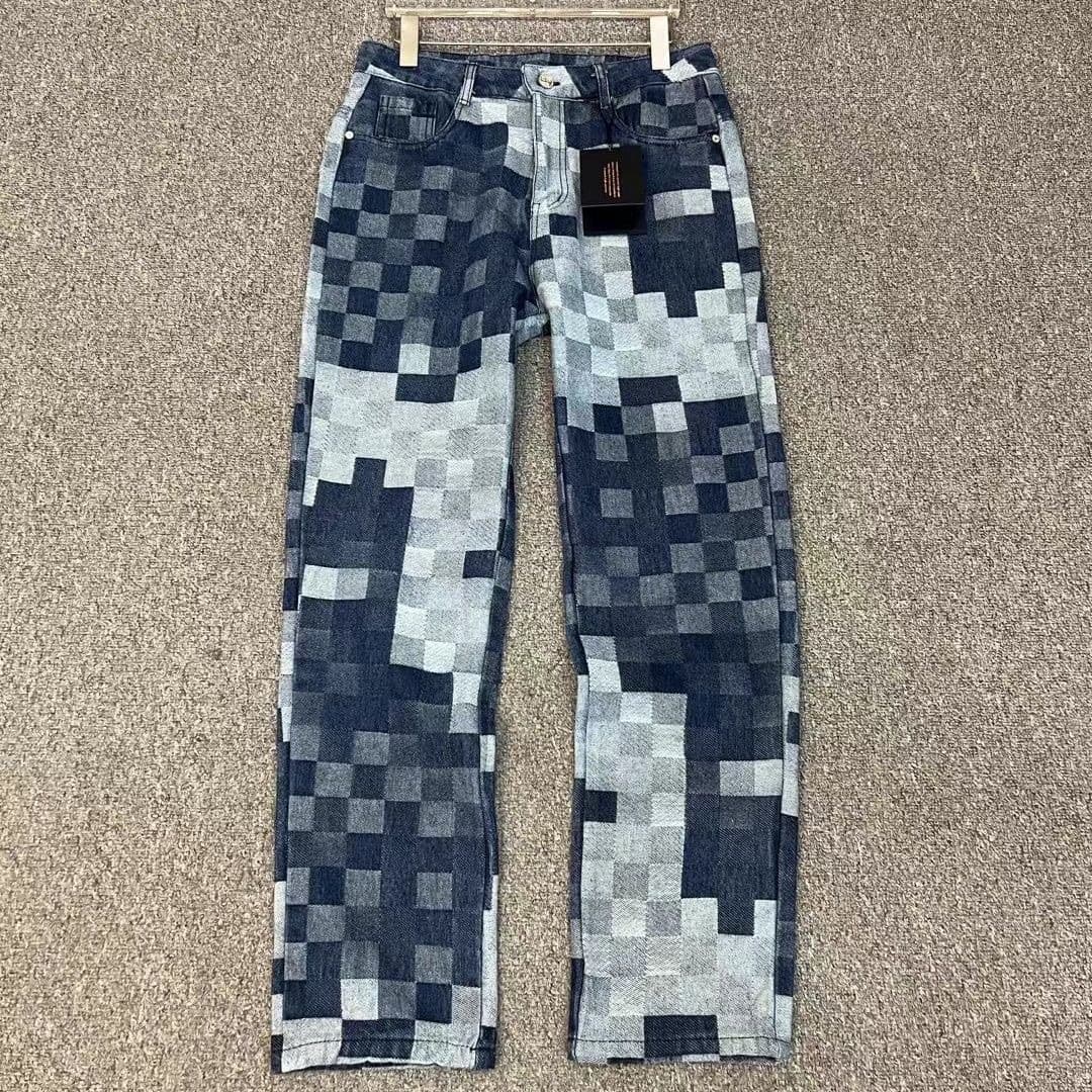 Checkered Print Denim Jeans For Men Summer Lightweight Straight-Leg Pants, Loose Fit Retro Streetwear With High-Waisted Comfort Classic Plaid Pattern
