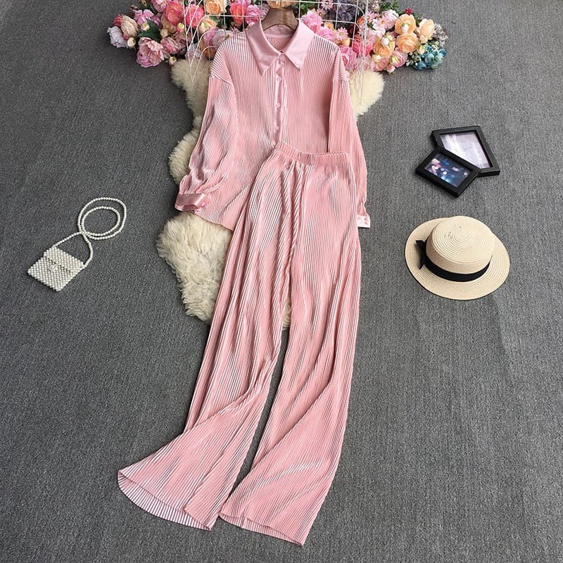 Women's Fashion Clean Color Shirt Two-piece Set Of High Waist Vertical Vertical Wide Leg Pants