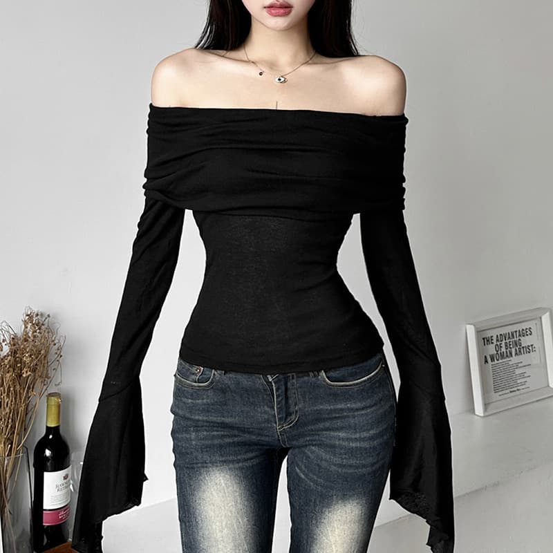 Women's Slim Fit Long Sleeve Off-Shoulder Backless T-Shirt – Pure Color Fashion Basic Top For Streetwear & Casual Wear