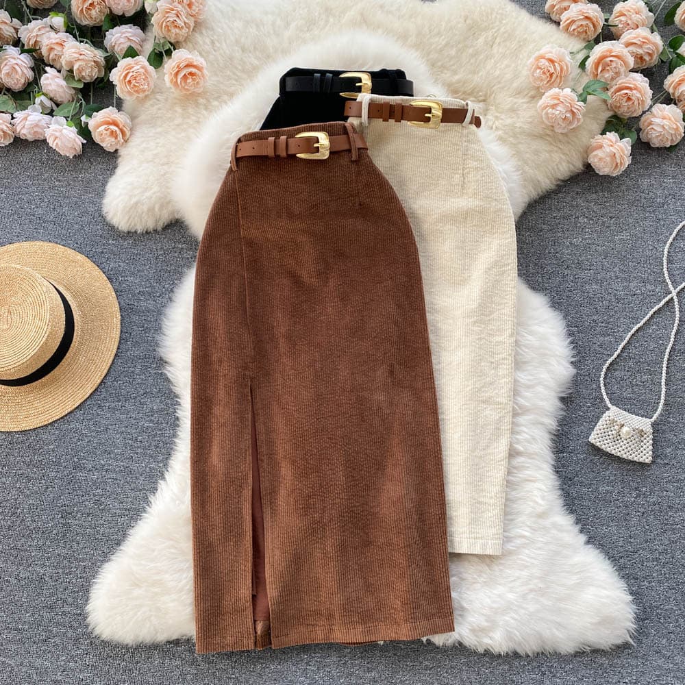Hong Kong Style Vintage Split Skirt Winter Sweater Mid-length Korean Style Elegant High Waist Slimming Hip A- line Skirt