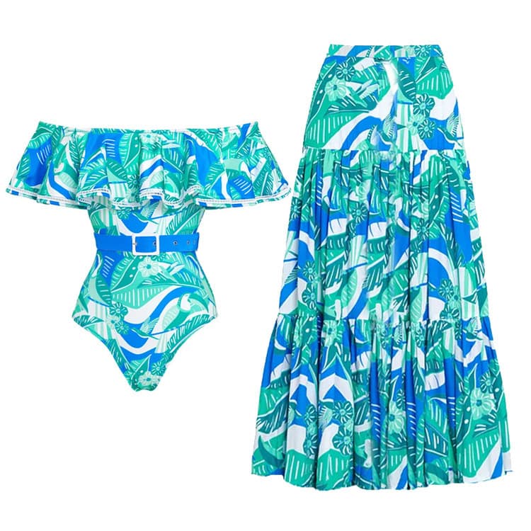 Women's Strapless Swimsuit With Ruffled Detail - Floral Printed One-Piece For Beach Vacation