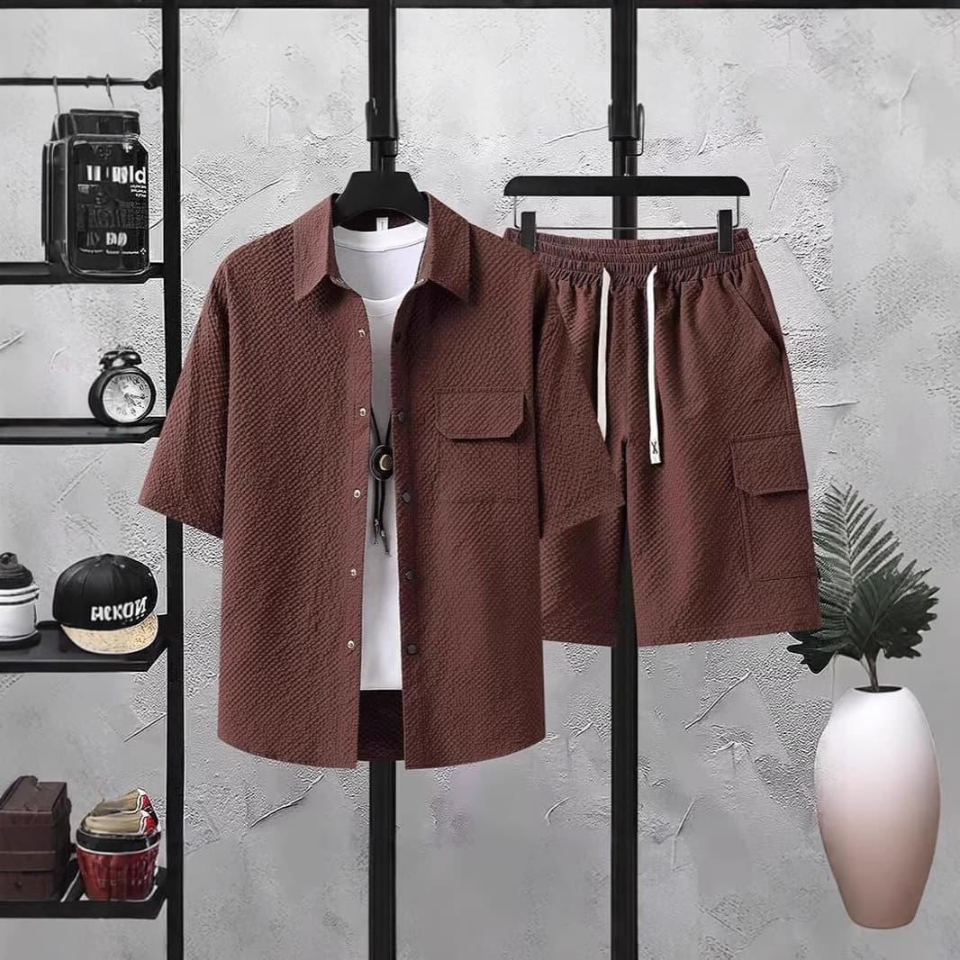 Men's Clothing Men's Casual Short Sleeve Shirt & Shorts Set - Breathable Summer Outfit, Slim Fit, Comfortable Polyester Blend, Trendy Streetwear