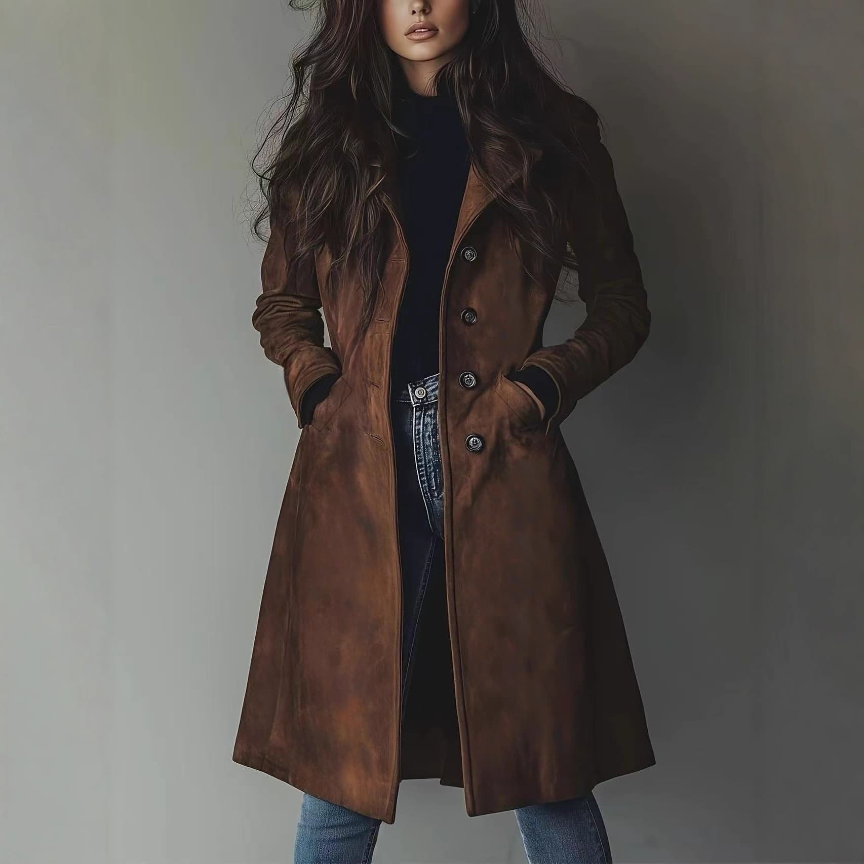 Western-Style Faux Suede Trench Coat For Women – Longline Lapel Jacket With Button Closure & Pockets (S-XXL, Dark Brown, Boho Chic Outerwear)