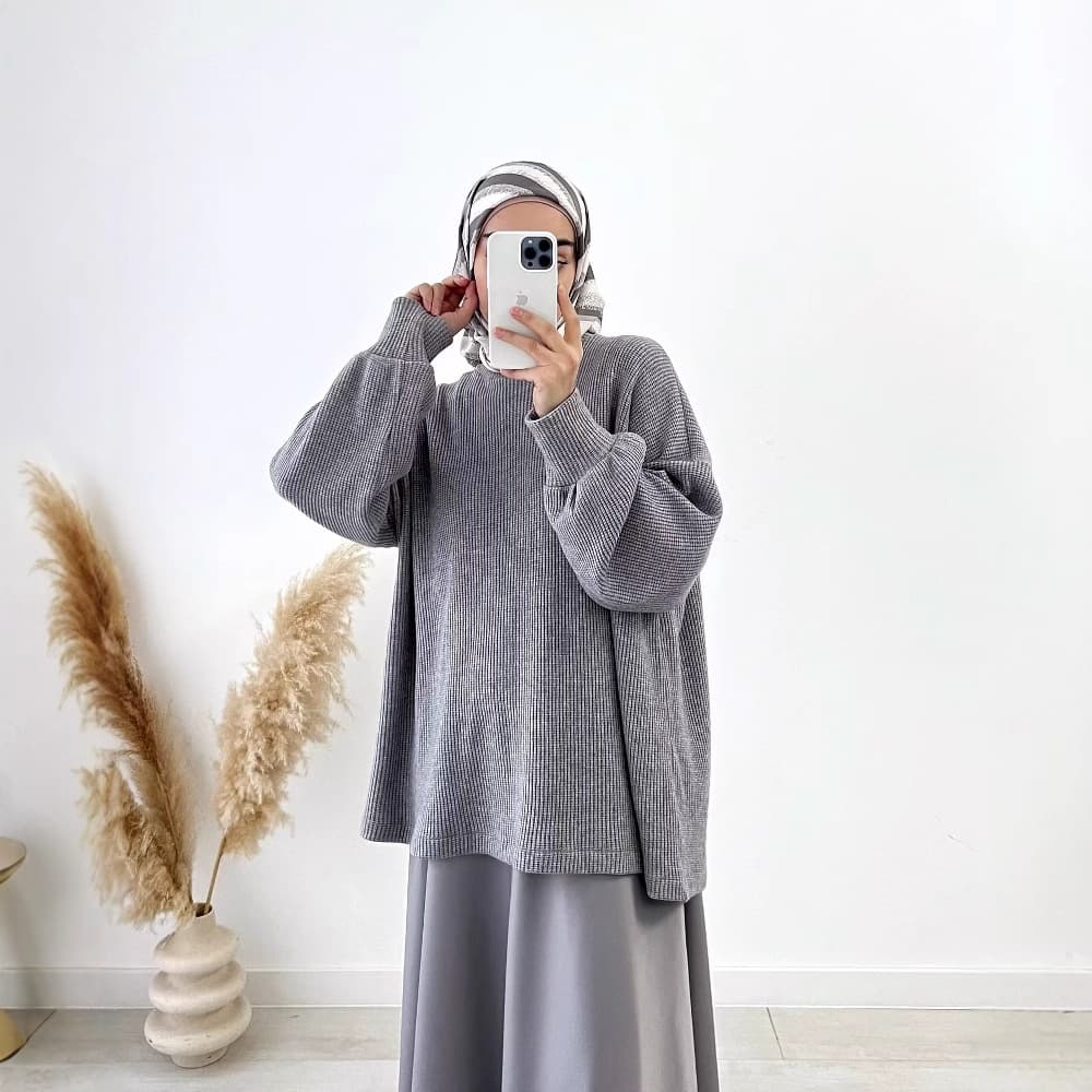 2025 Muslim Women's Clothing Lazy Gray Pullover Knit Top With Flared Skirt Set Fashion