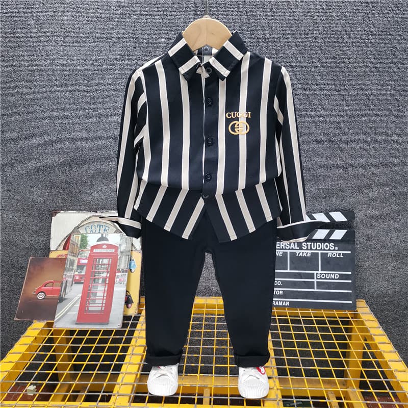 Ensemble 2 pièces pour garçon, collection automne 2023, style coréen : chemise rayée à manches longues + pantalon décontracté uni.