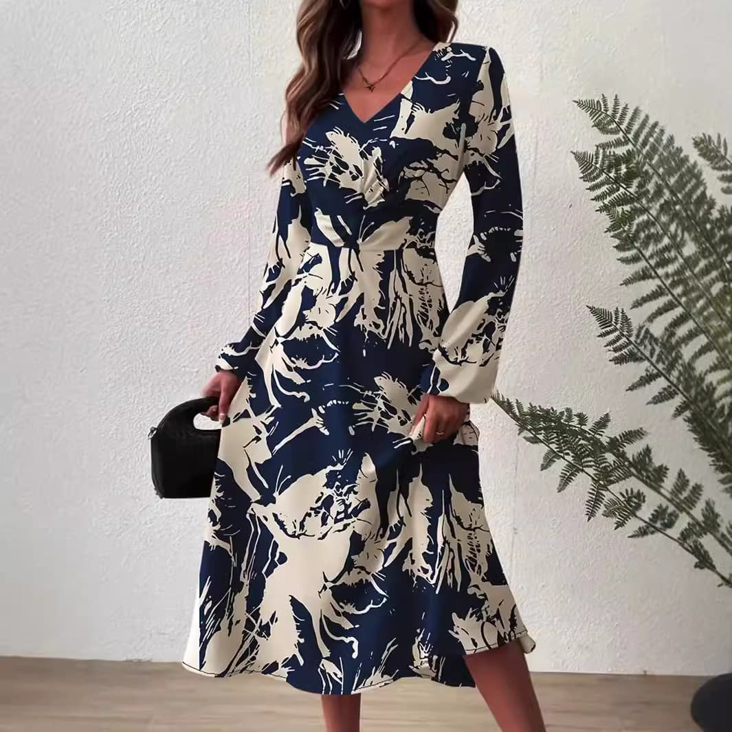 Women's Clothing Spring And Autumn New V Neck Temperament Dress Printed Long Skirt