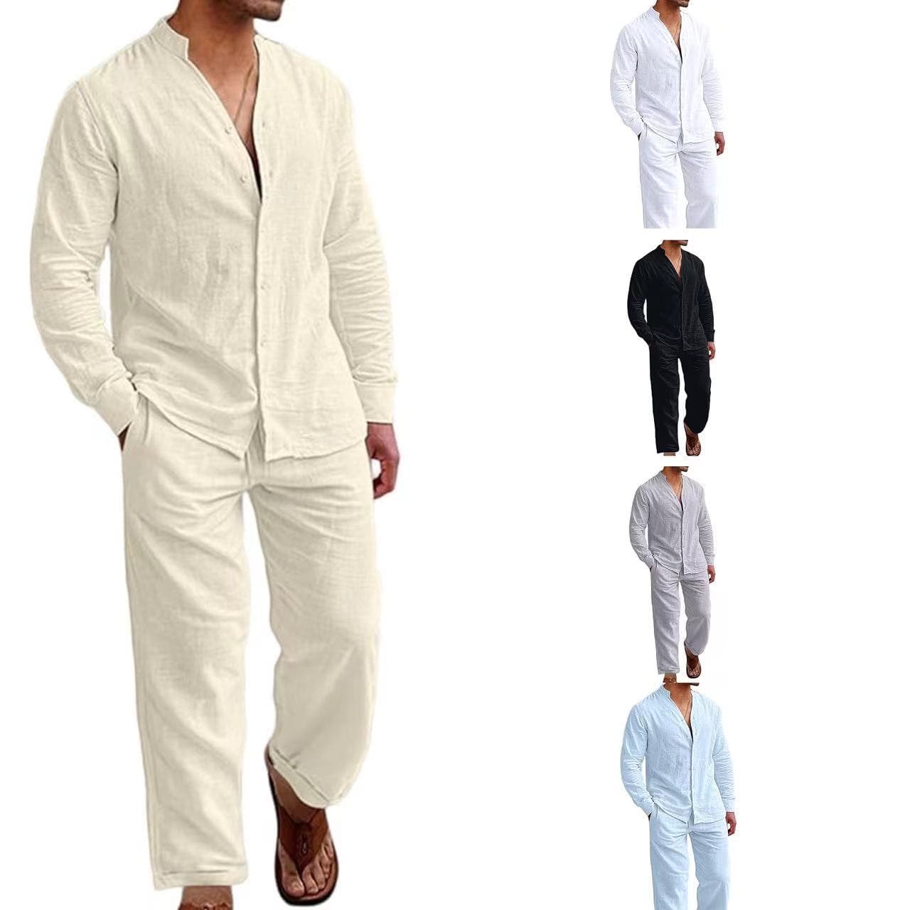 Men's Linen 2-Piece Set - Long Sleeve Shirt & Trousers Outfit For Casual & Smart Occasions