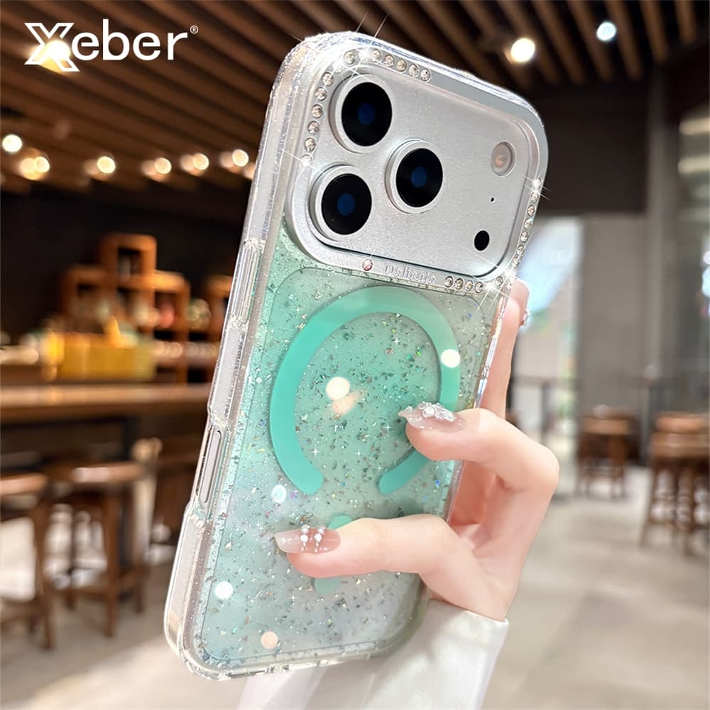 Luxury Gradient Diamond For Magnetic Case For Iphone 17 16 15 14 Pro Max Wireless Charging Transparent Glitter