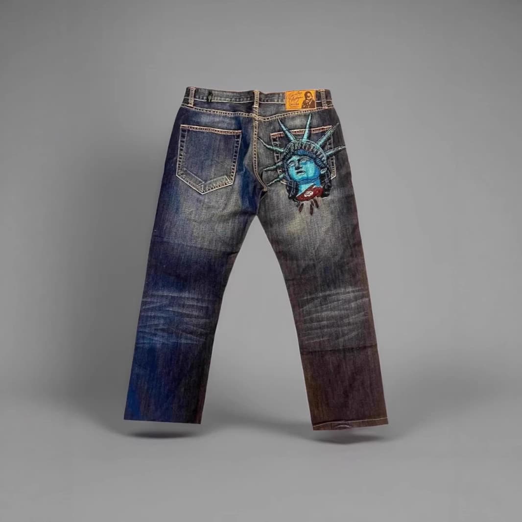 Statue Of Liberty Vintage Washed Jeans – Retro Distressed Denim Pants For Men & Women, Straight Leg Y2K Streetwear