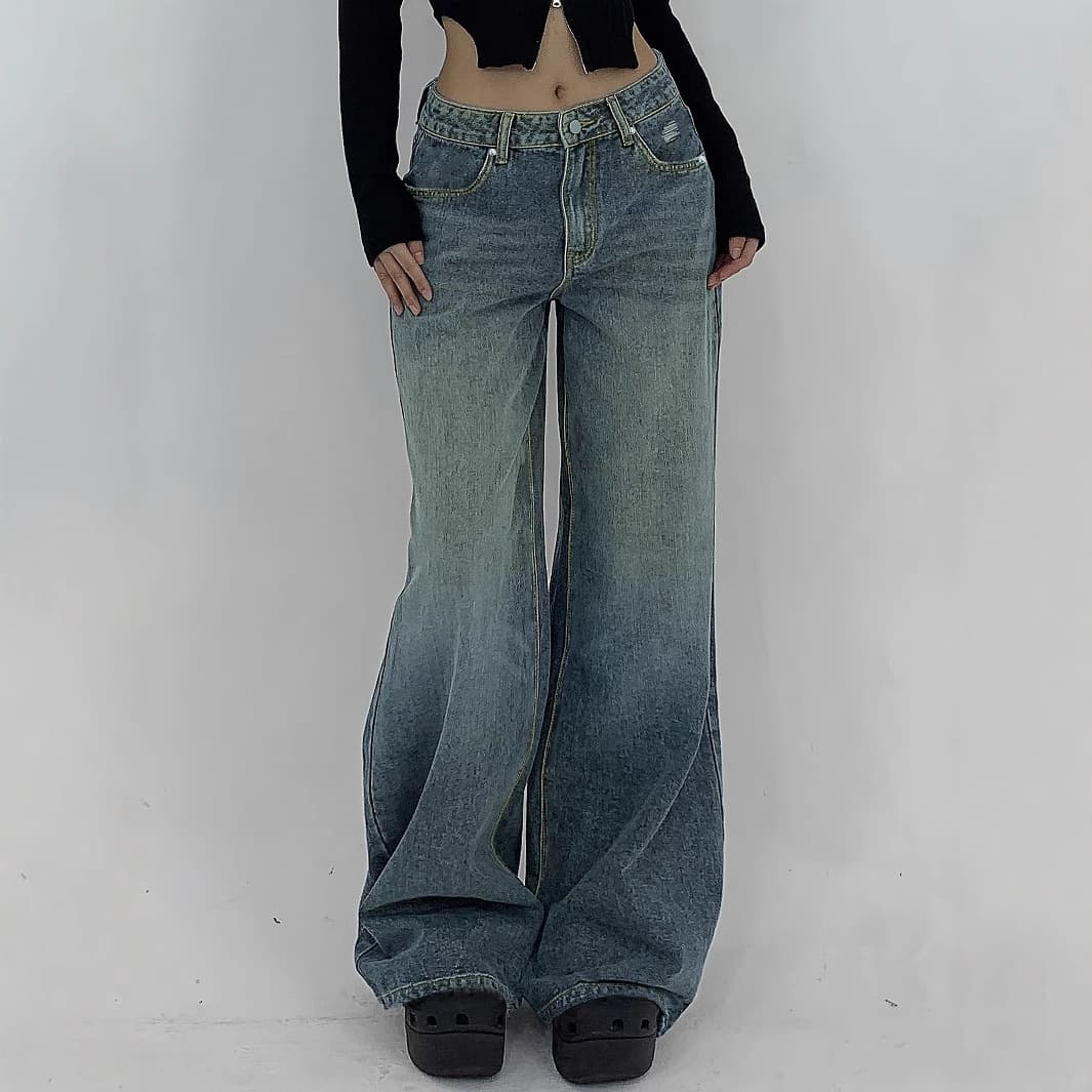 Women's High Waist Wide Leg Distressed Jeans - Oversized Relaxed Fit Long Boho Denim Pants With Ripped Details (Black/Blue/Light Gray)