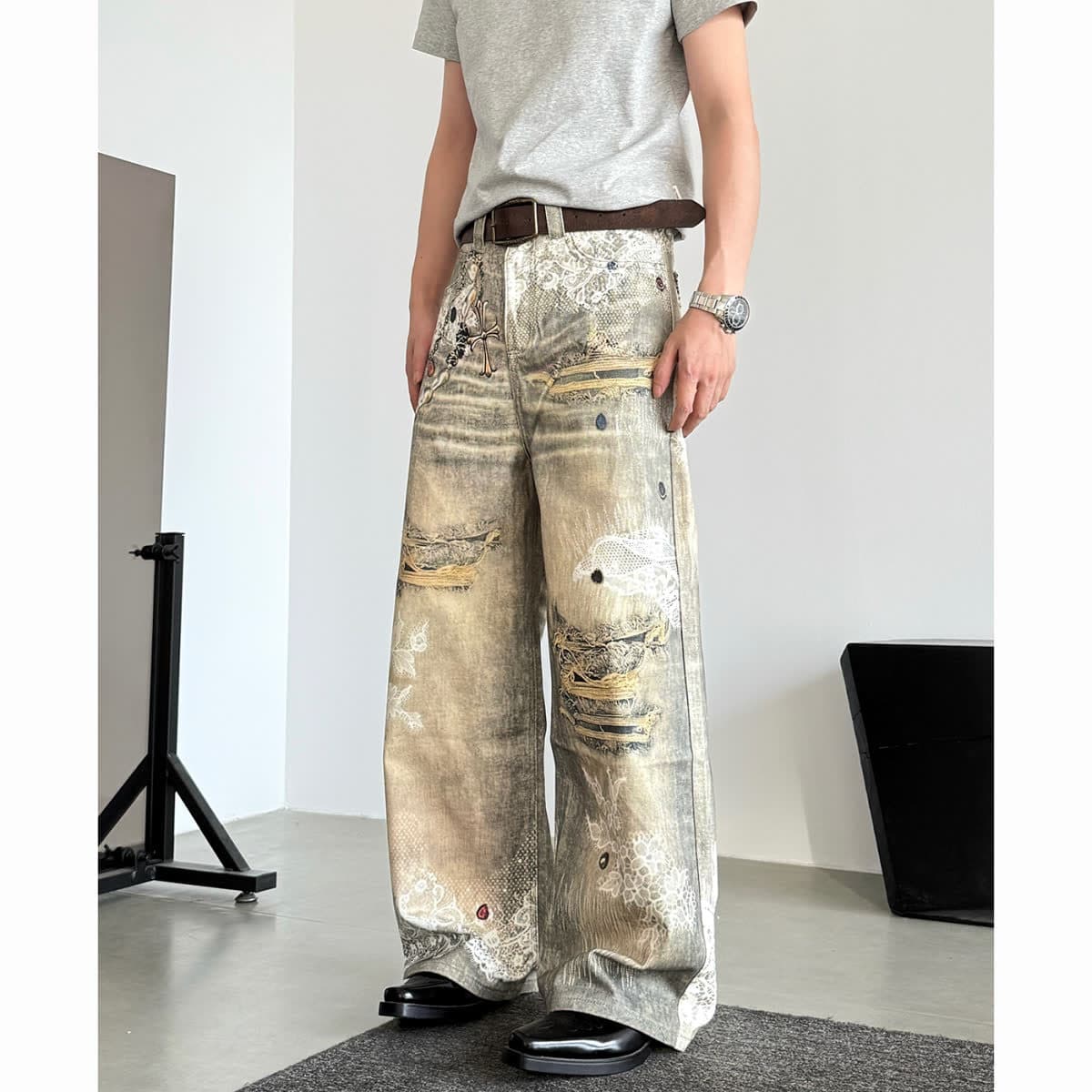 Vintage Washed Distressed 3D Print Jeans - Unisex Baggy Streetwear Denim Pants With Artistic Rips & Wide Leg For Casual Outfits