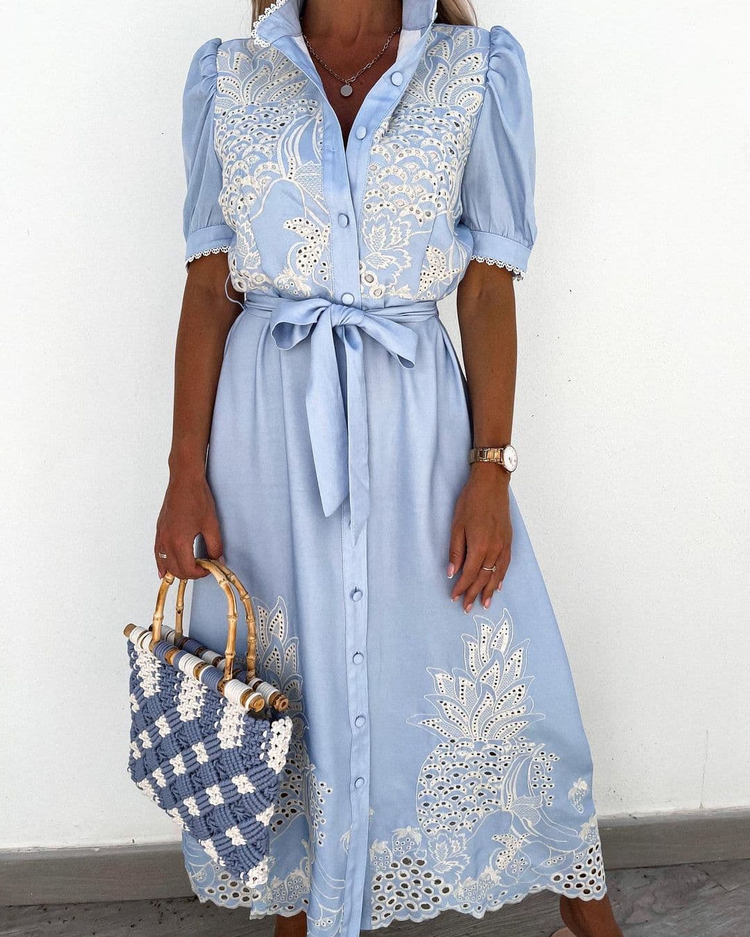 Women's Clothing new summer hollow short sleeved waist and wide skirt dress