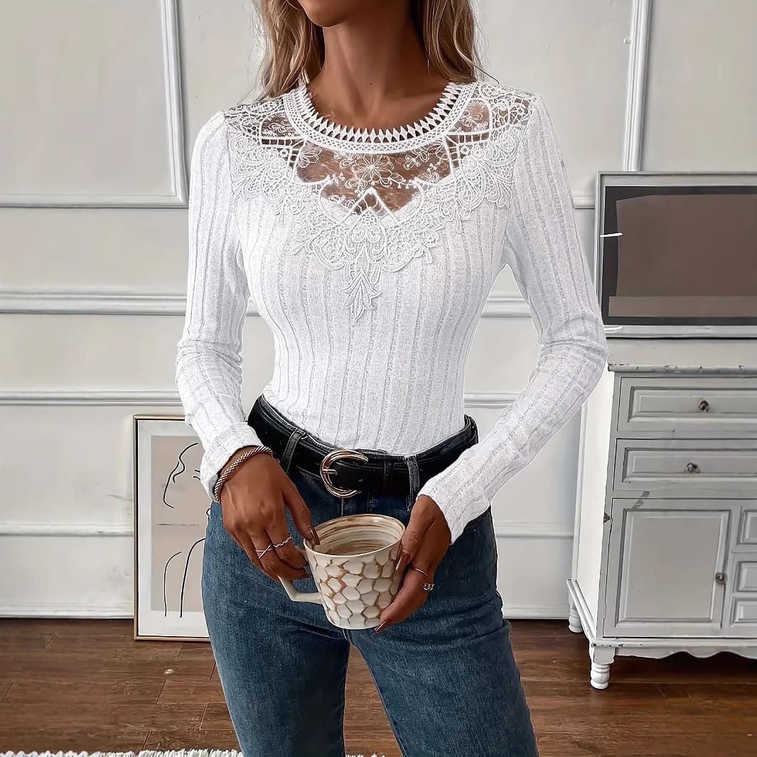 Women's Elegant V-Neck Long Sleeve Top With Delicate Lace Trim – Soft & Stylish Casual Blouse For Autumn & Winter