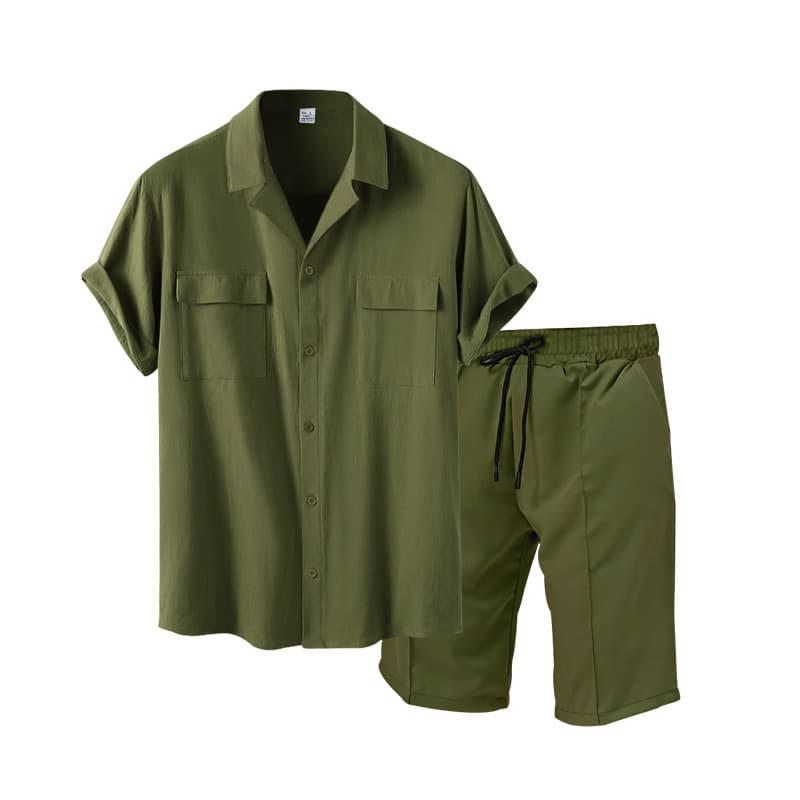 New oversized solid color short sleeved shirt, summer casual set, lapel men's set