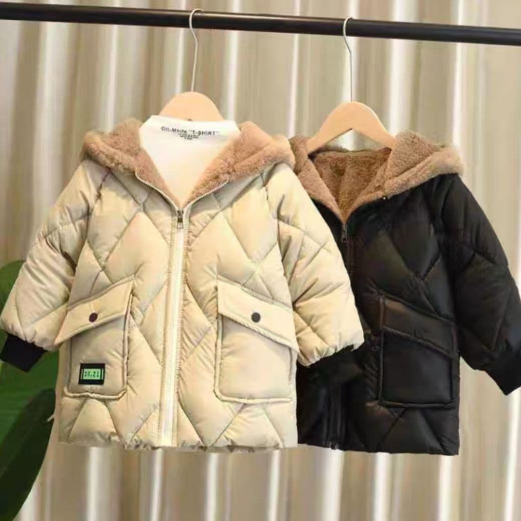 Boys' Plush-Lined Winter Jacket With Bear Ears - Warm Cotton Padded Coat For 3-7 Year Olds (Khaki/Black) - Korean Style