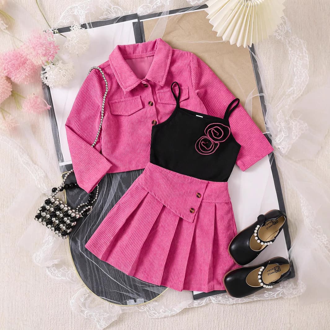 Mother & Kids Trendy Girls' 3-Piece Outfit Set – Long-Sleeve Jacket + Printed Top + Pleated Skirt – Cotton Comfort For Spring & Fall (Pink)