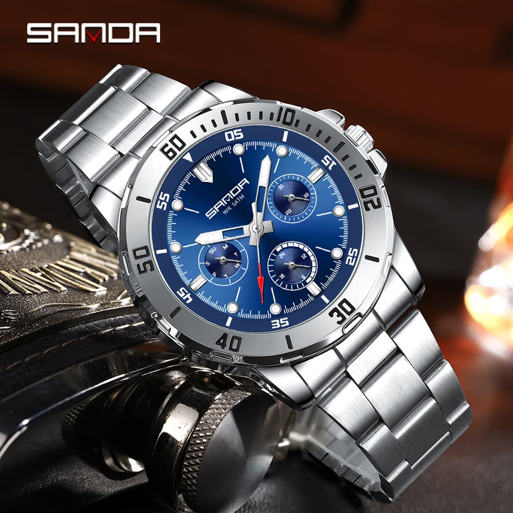 SANDA New Luxury Men's Watch Large Dial Multi Functional Waterproof Night Light Calendar Men's Quartz Watch
