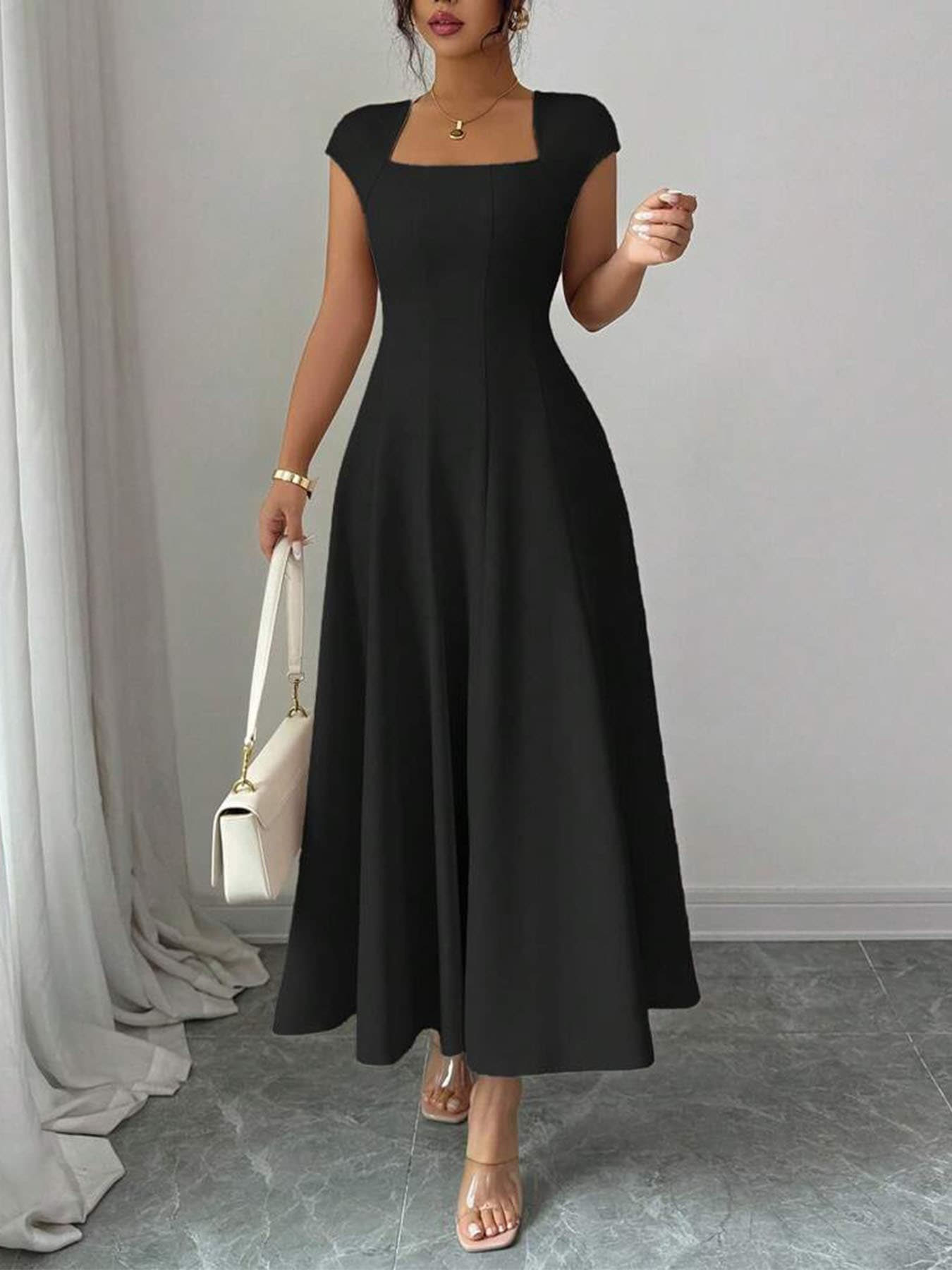 Robe longue élégante pour femme, col carré, manches courtes