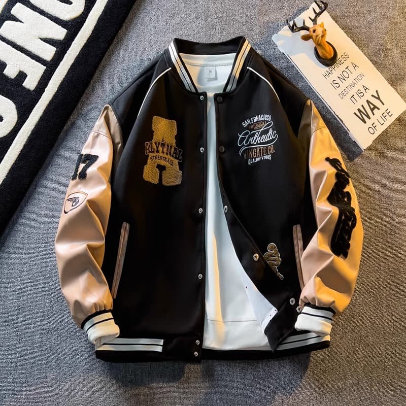 Men's Retro Embroidered Baseball Jacket Vintage Patchwork Design Autumn Casual Outerwear