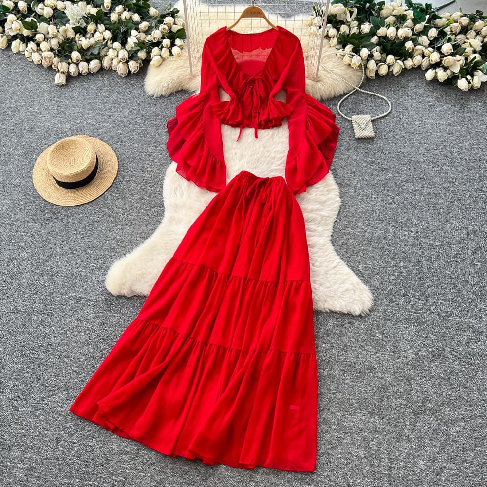 Women's French Style Red Ruffled Bell Sleeve V Neck Blouse And High Waisted Skirt Set Resort Inspired Two Piece Perfect For Autumn