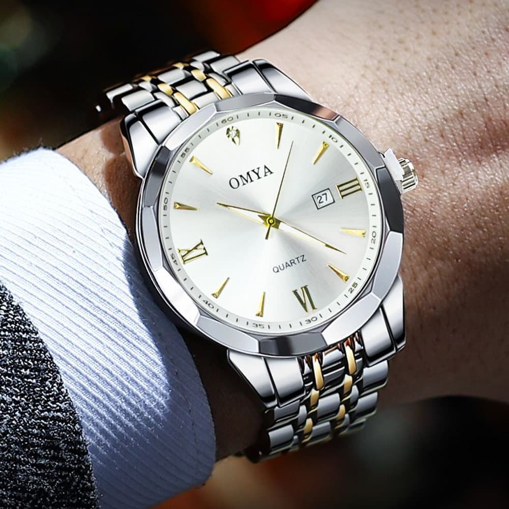 OMYA Men's Waterproof Quartz Watch 3ATM Stainless Steel Calendar Sports Watch Best Seller