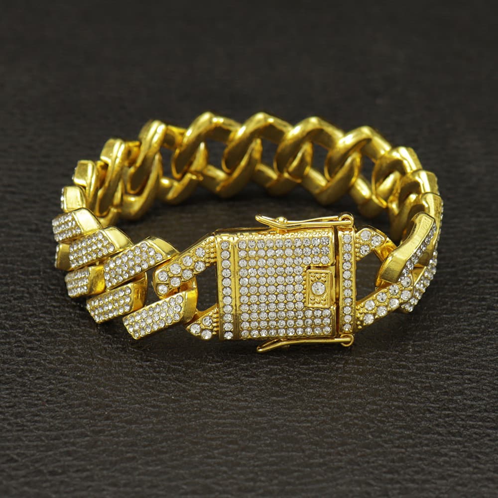 Hip Hop Domineering Cuban Chain 20mm Three Row Diamond Men's Gold Chain Full Diamond Personalized Bar Cuban Chain