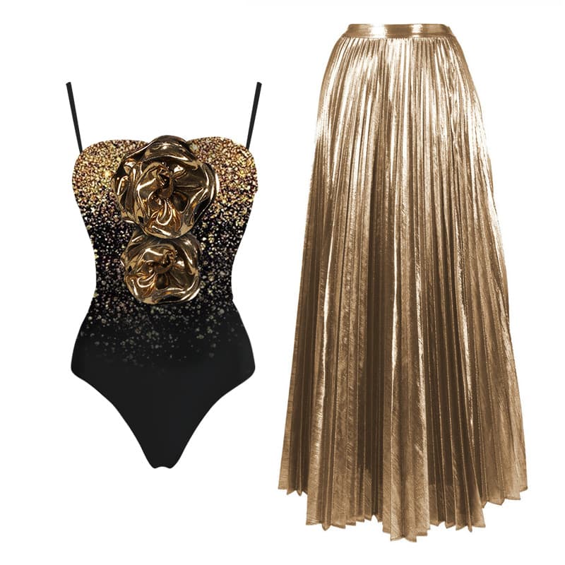 women's one-piece swimsuit women's one-piece swimsuit 3D flower decorated tube top sequin printed