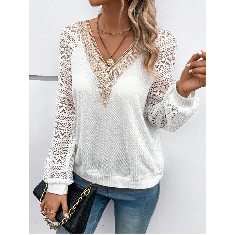 Women's long-sleeved V-neck stitching hollow lace see-through casual T-shirt