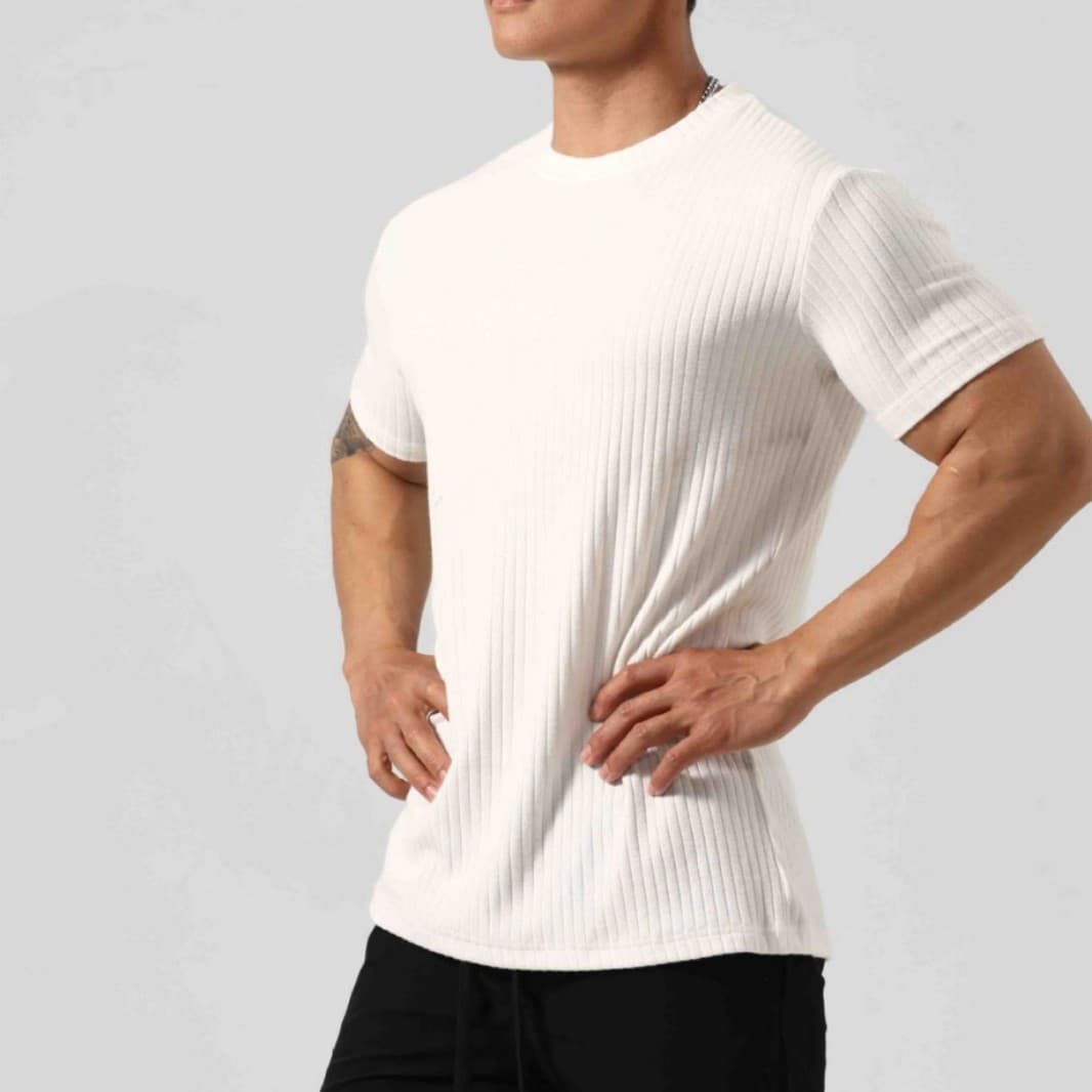Men's Clothing Striped Sports T Shirt Men's Summer Slim Cuffs Knitted Casual Fitness Short Sleeved Training Suit Fitness Top