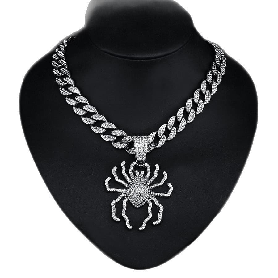 European And American Punk Trendy 3D Big Spider Pendant Necklace Hip Hop Street Dance Inlaid Diamond Cuban Chain Men's