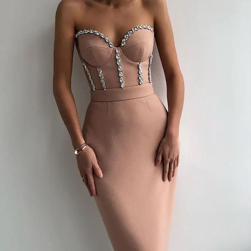Women's fashion new high waist pink evening dress mid-length dress