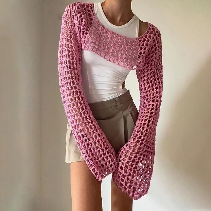 Elegant Lace-Knit Sweater Women's Fashion Round Neck Long Sleeve Oversized Pullover Top
