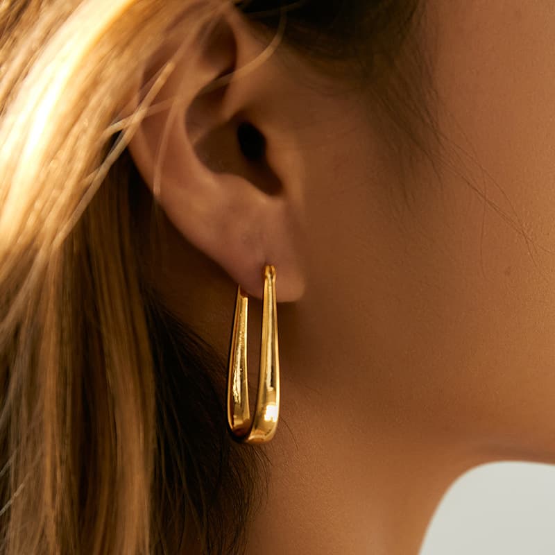 Copper plated K real gold minimalist earrings water drop U shaped modified slim earrings metal texture oval fashion earrings