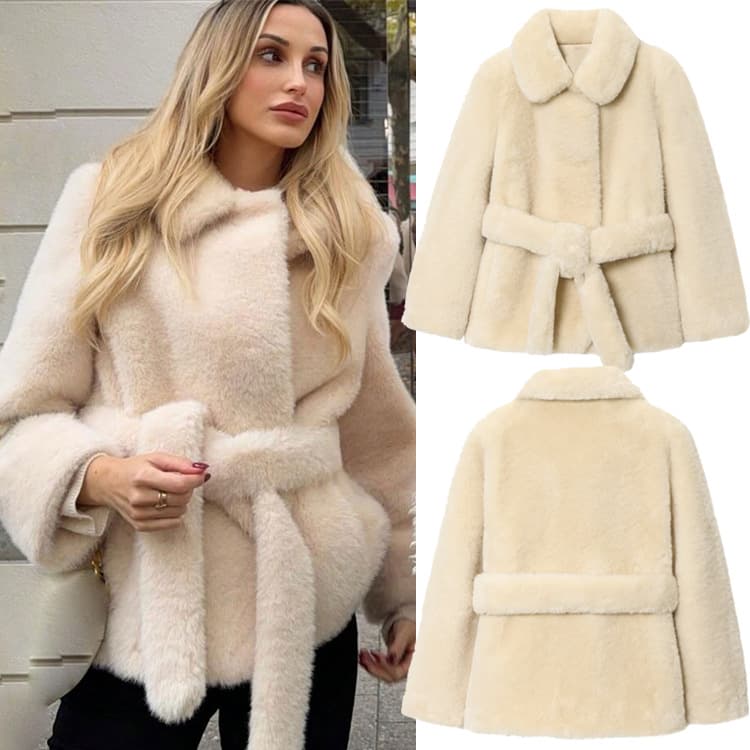 Women's Faux Fur Belted Trench Coat – French-Inspired Oversized Outerwear (Beige, Sizes S-L)