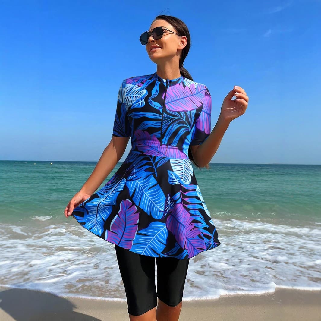 Muslim Swimsuit Women's Floral Chain Bikini Top Quick Dry Short Sleeve Swimming Suit Beachwear Sexy Tight High Elasticity