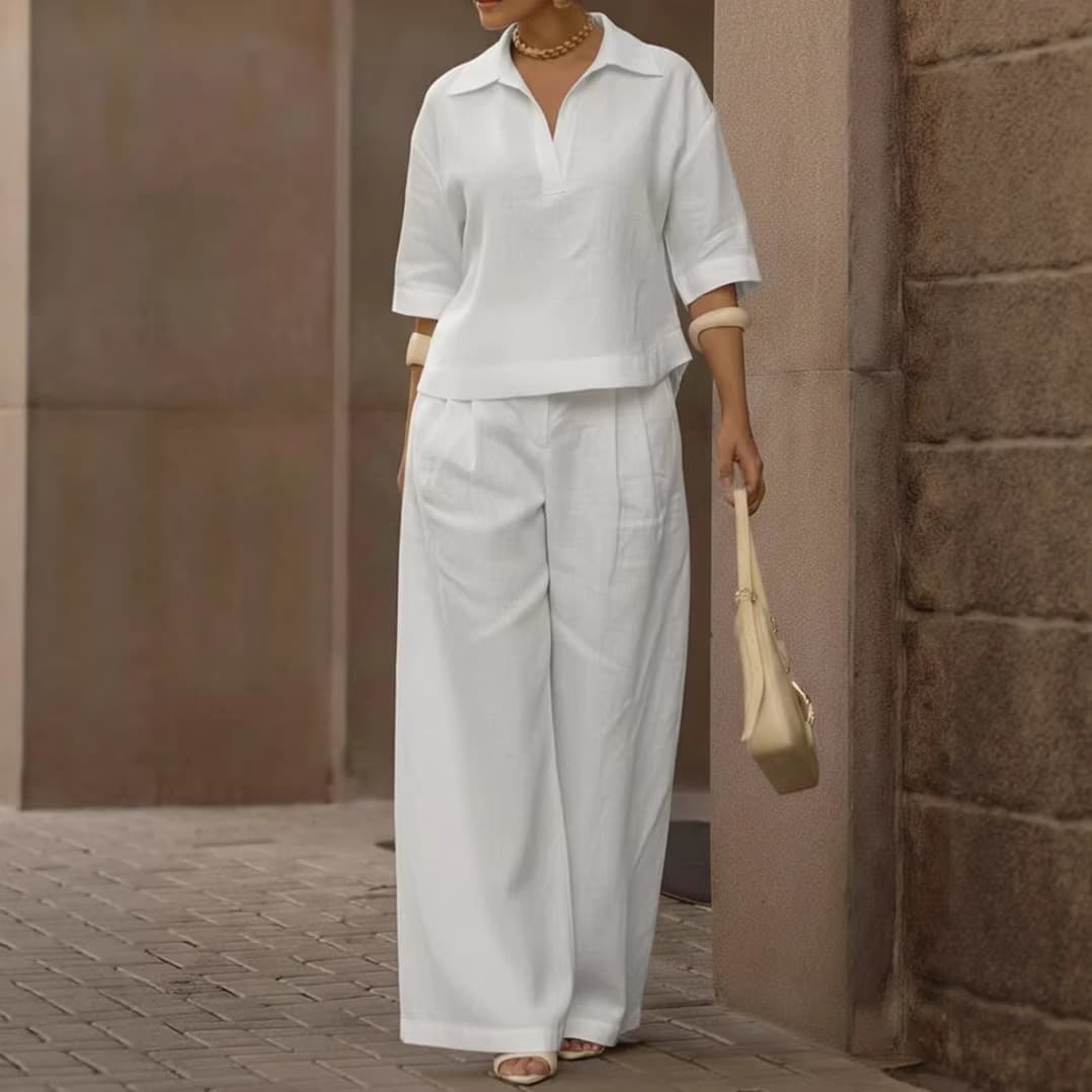 Women's Clothing Solid Color Casual Two Piece Set Spring Summer Collared Top Wide Leg Pants Fashionable