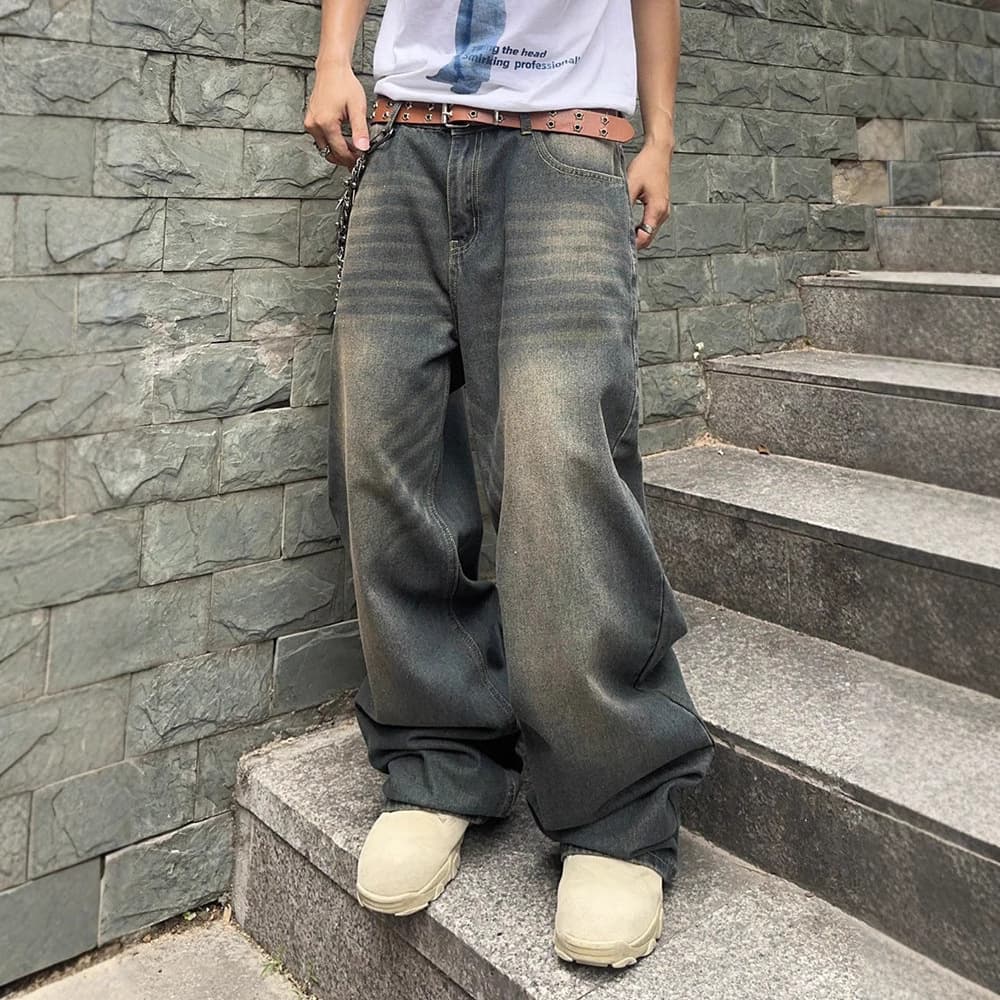 "Men's Vintage Washed Denim Jeans – High Waist, Loose Fit, Straight Leg, S-XXXL, Distressed Style For Casual & Streetwear"