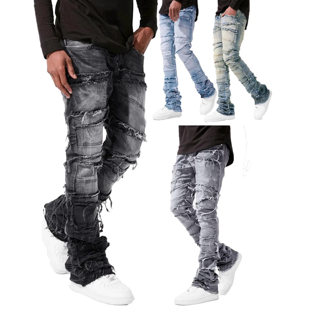 Men's Clothing New Men's Denim Straight Pants Street Fashion Ins Popular Stretch Patch Denim Straight Pants