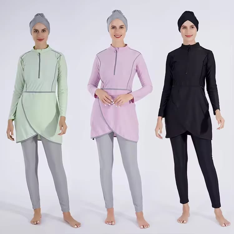 Modest Three Piece Swimsuit Set For Women - Conservative Sunscreen Burkini Top With Hat And Pants Beach Hot Spring Wear