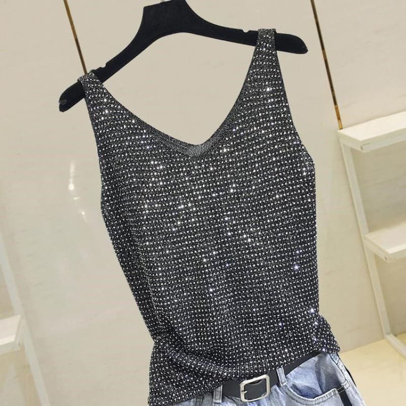 Women’s Clothing Loose Bright Silk Hot Diamond Summer Korean Ice Silk Heavy Knitted Sequined Vest New Style Bottom Outer Wear Sleeveless Top