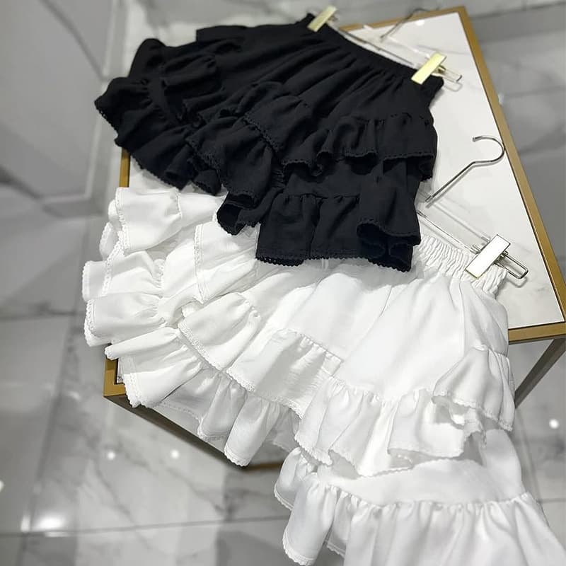 Women's Clothing Summer New High Waist Solid Color Lace Splicing Ruffled A-line Short Skirt