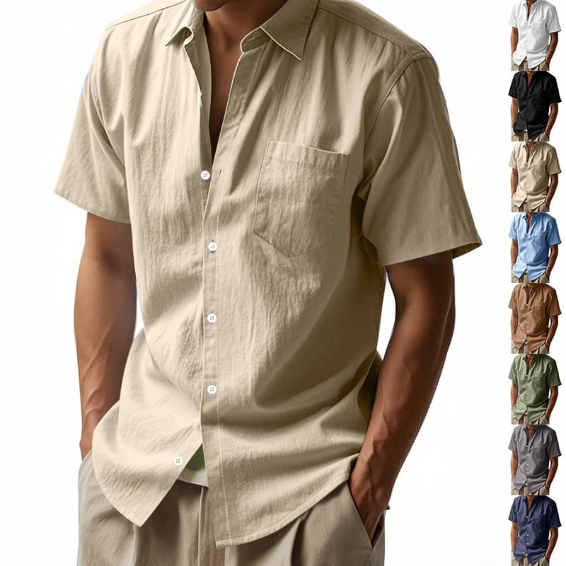 Men's Clothing Solid Color Linen Lapel Short Sleeved Shirt Loose Casual Pocket Shirt