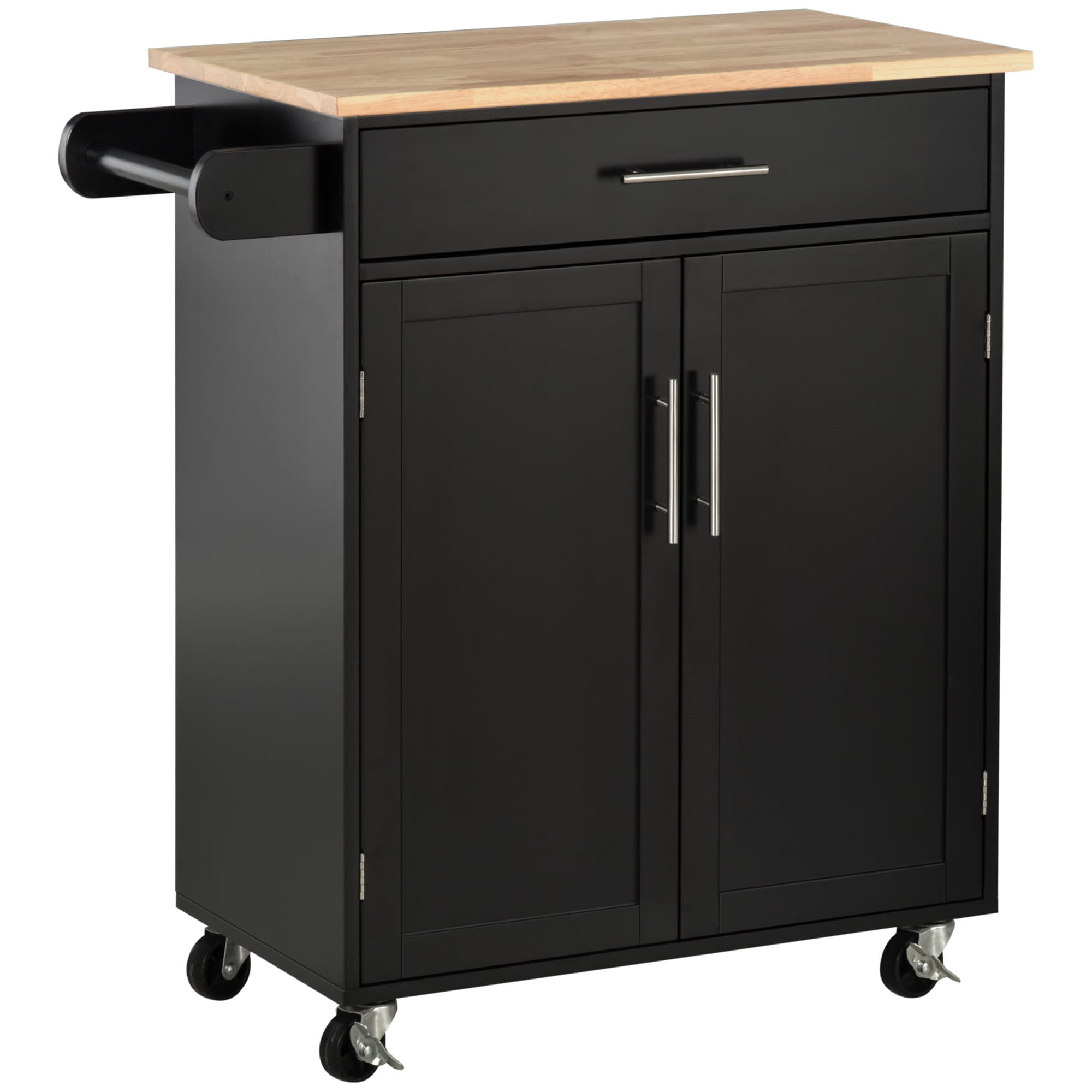 HOMCOM Chariot de cuisine avec tiroir porte-serviette et placard à étagère réglable à roulettes polyvalent en bois massif panneau MDF P2 noir