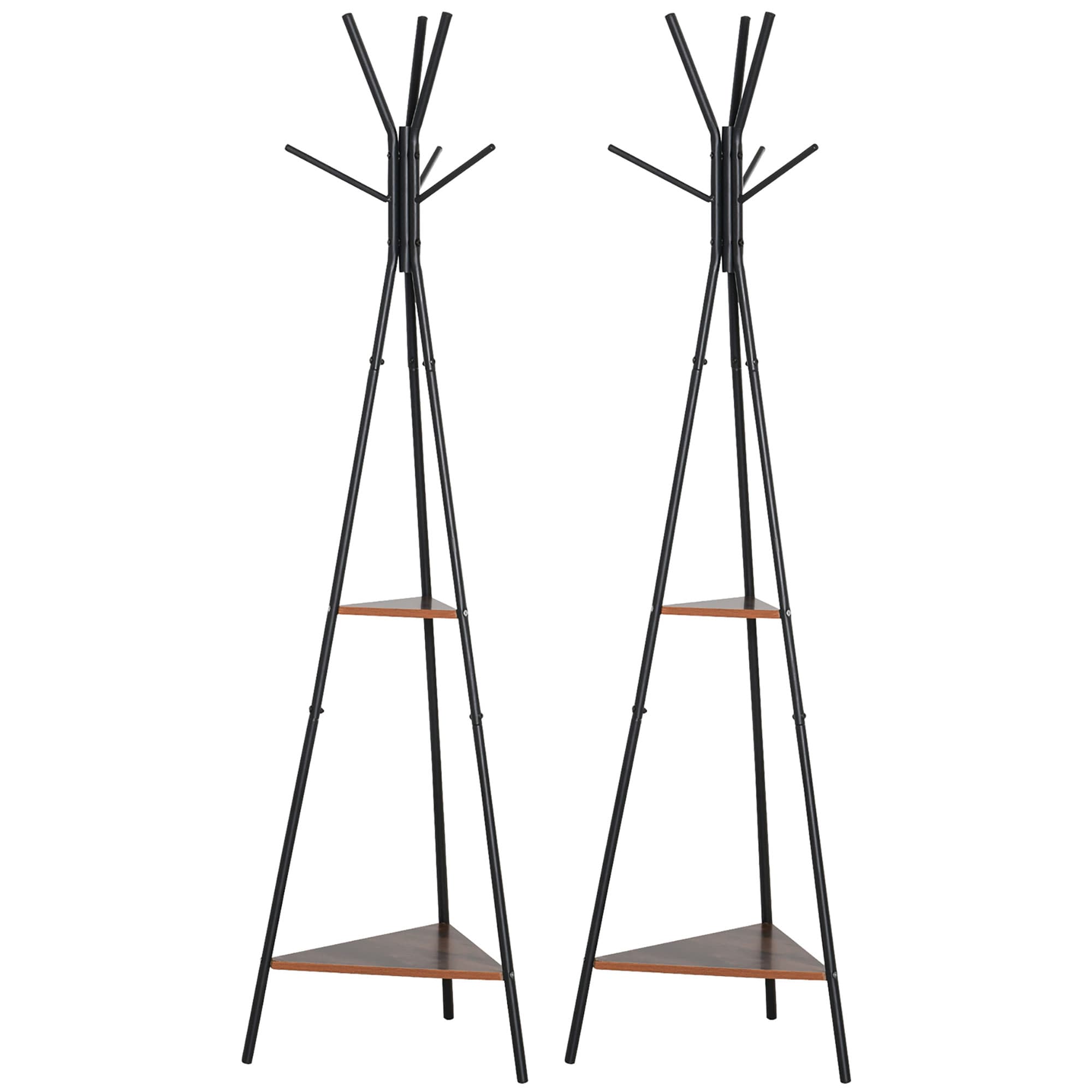 HOMCOM Lot de 2 porte-manteaux trépied meuble d'entrée style industriel branches 2 étagères + 6 patères métal noir