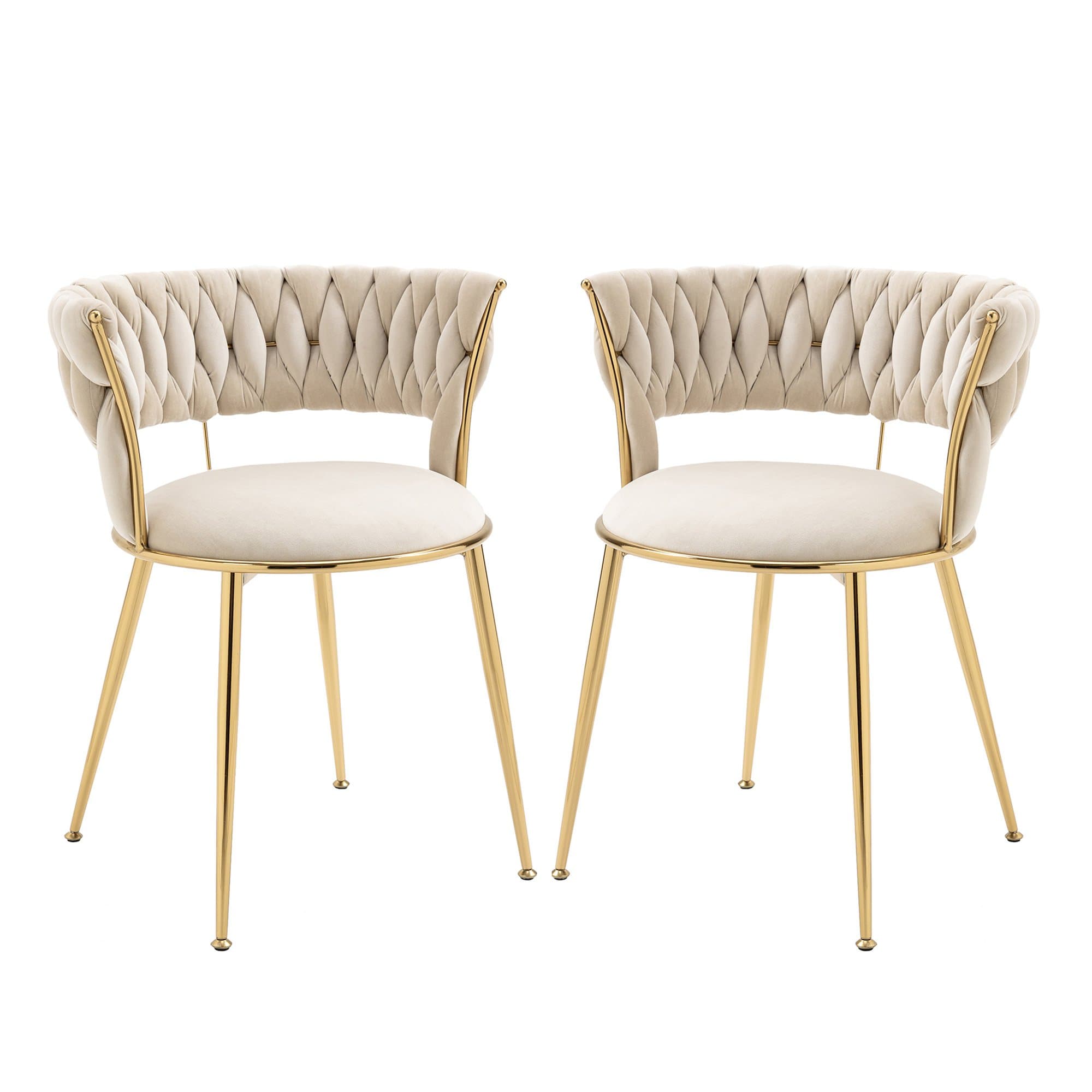 Ensemble de 2 chaises de salle à manger en velours, avec un dossier tressé et des pieds en métal, pour le salon, la salle à manger, la cuisine, Blanc